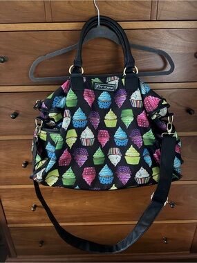 Betsey Johnson Black Cupcake-Print Shoulder Bag with Rainbow Sweets